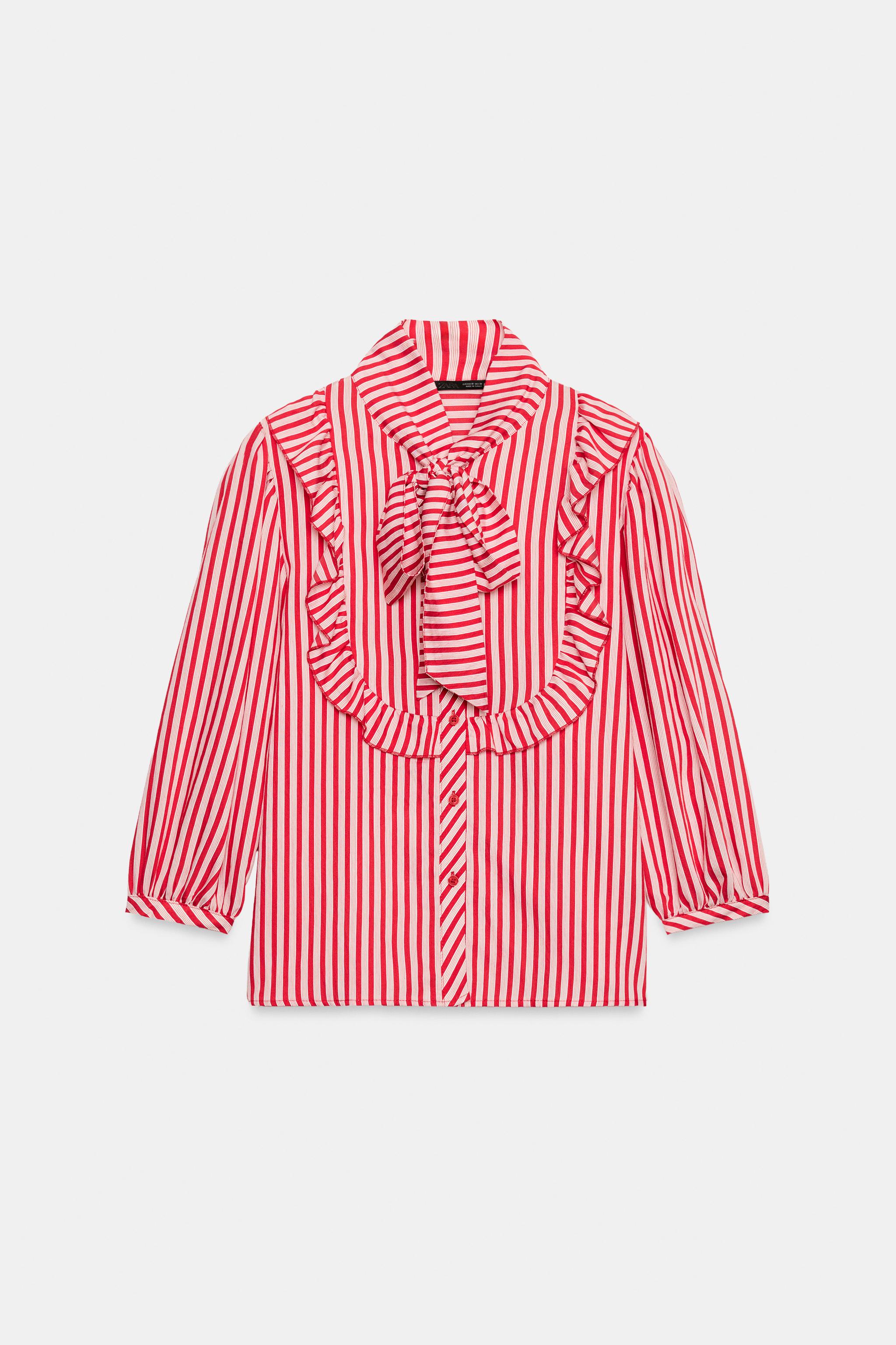 STRIPED TIE-NECK BLOUSE