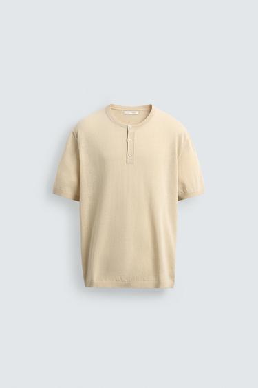 KNITTED COTTON-LINEN HENLEY T-SHIRT - Ecru by Zara