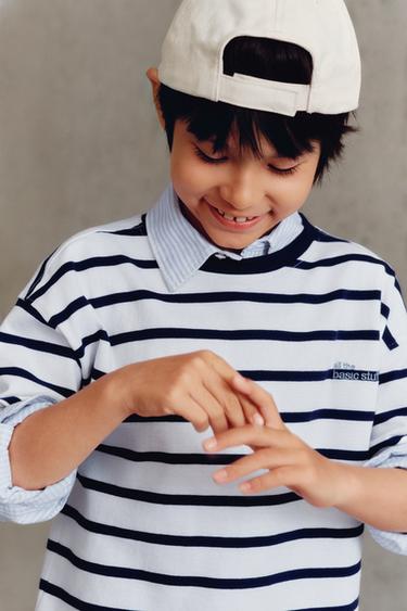 Zara 厚磅條紋標語T恤 - 海藍色 / 裸色