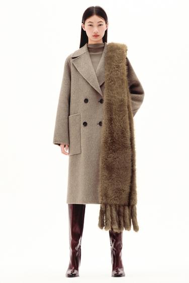 Zara 羊毛雙排扣長版大衣 - 貂色