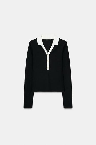 Zara CONTRAST INTERLOCK POLO TOP - Black