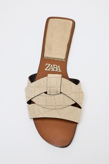 SANDALE LËKURE TË SHESHTA TË KRYQËZUARA - Kafe Rëre nga Zara