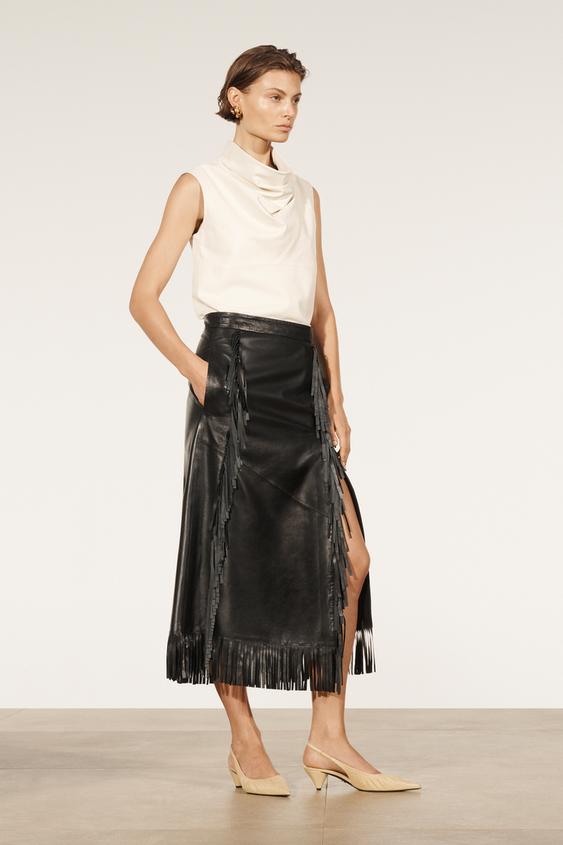 Leather Belted Knee Length Skirt