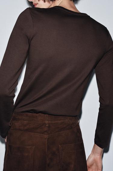INTERLOCK LONG SLEEVE T-SHIRT - Chocolate by Zara - Image 2