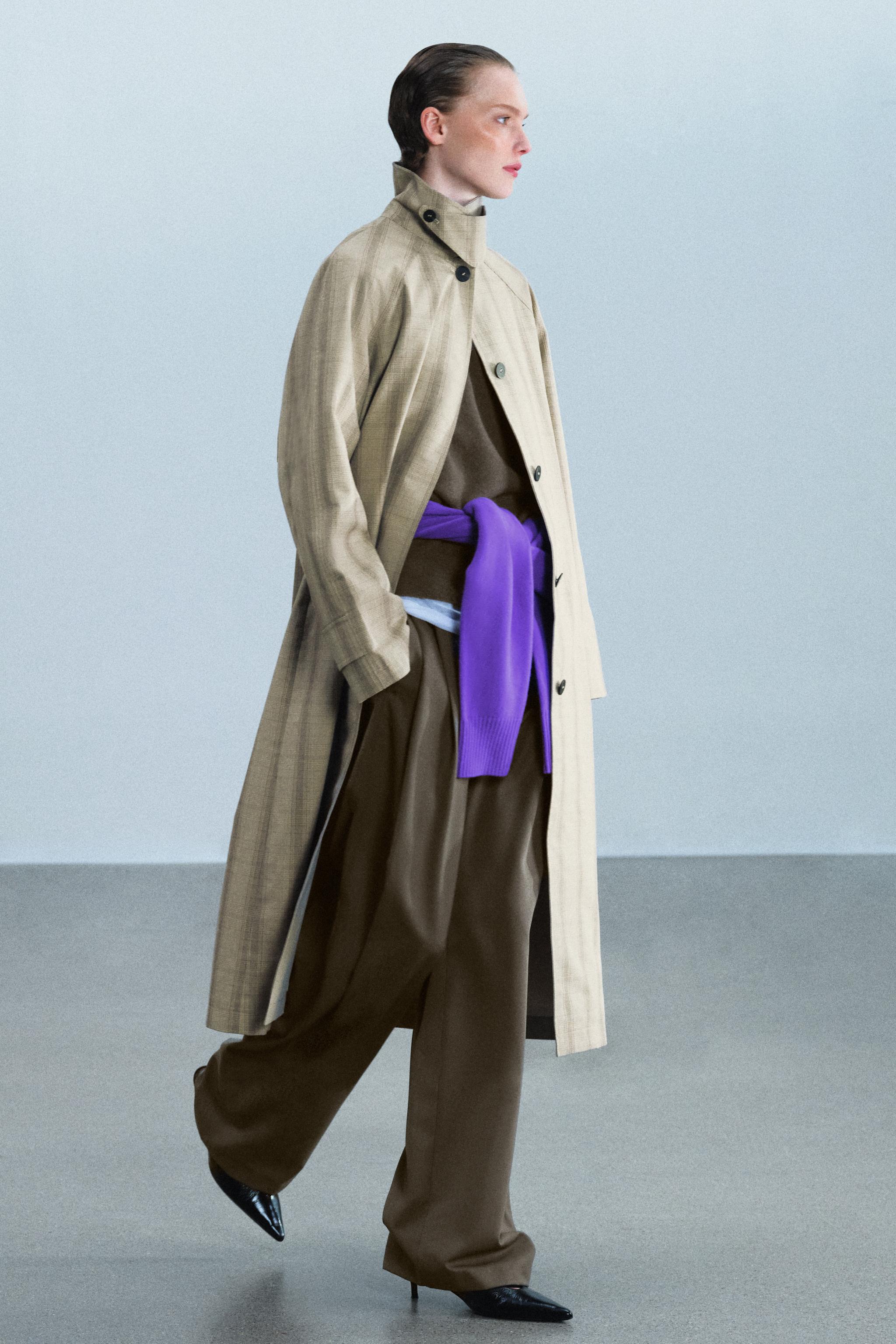 Zara ZW COLLECTION UZUN EKOSE TRENÇKOT görsel 8