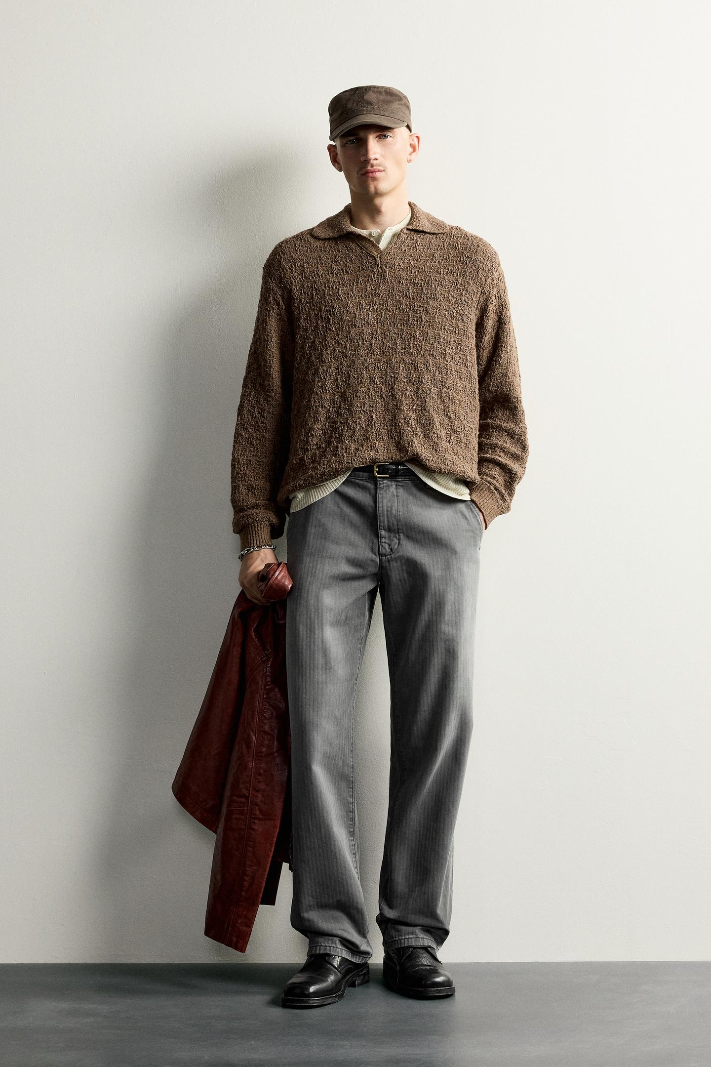 Мужское поло Zara Textured Knit Polo, цвет: Коричневый
