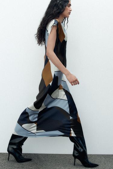 SATIN PRINT MIDI DRESS - Black / Ecru by Zara - Image 0