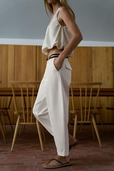 Zara BRAIDED BELT CHINO PANTS - Ecru