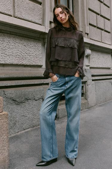 CAMISA COM FOLHOS E RENDA - Castanho da Zara