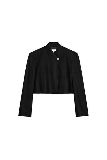 Zara LINEN-BLEND CROPPED BLAZER - Black