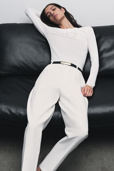 Zara STRAIGHT LEG BELTED PANTS - Ecru - Image 0