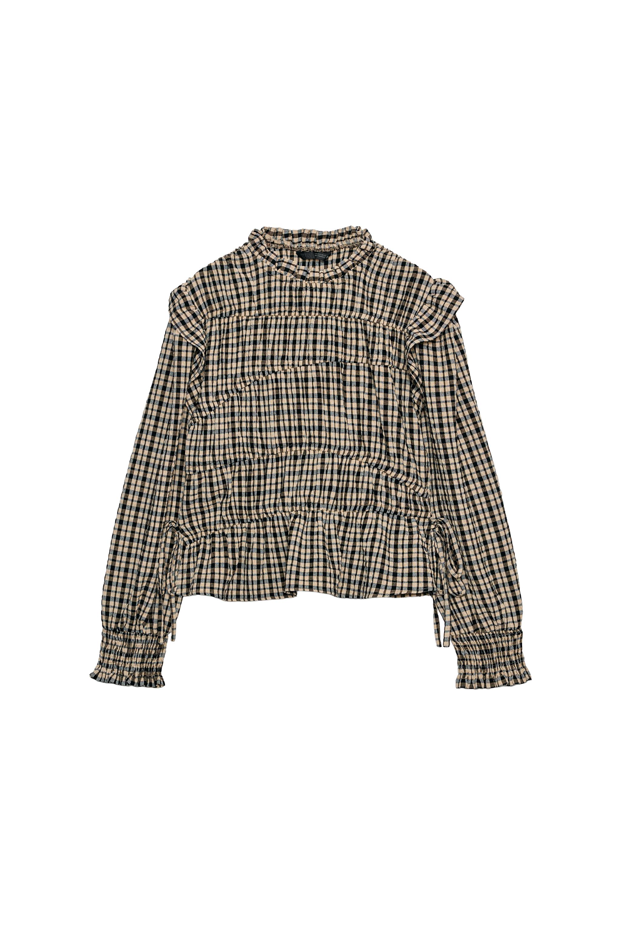 チェック柄フリルブラウス - ブラック/エクリュ | ZARA Japan / 日本