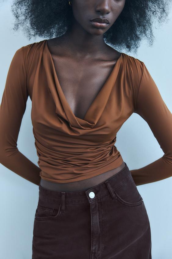 TOP DRAPÉ POLYAMIDE - Marron clair de Zara - Image 0