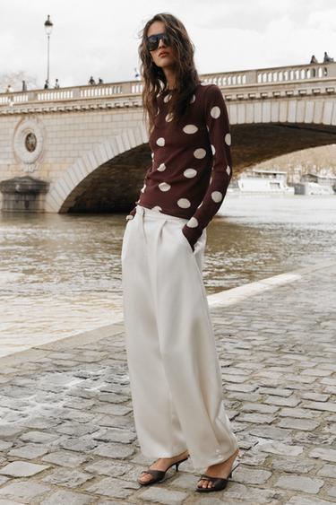 Zara POLKA DOT KNIT TOP - Brown / Ecru
