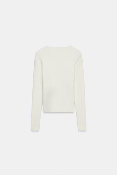 T-SHIRT CÔTELÉ DÉCOLLETÉ CARRÉ - Écru de Zara - Image 6