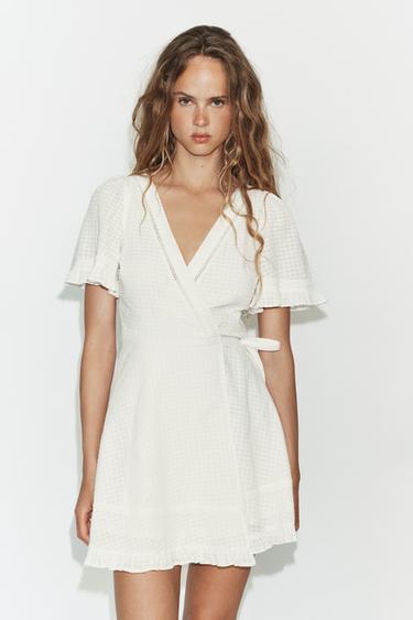 Zara SHORT WRAP TEXTURED DRESS - Oyster-white