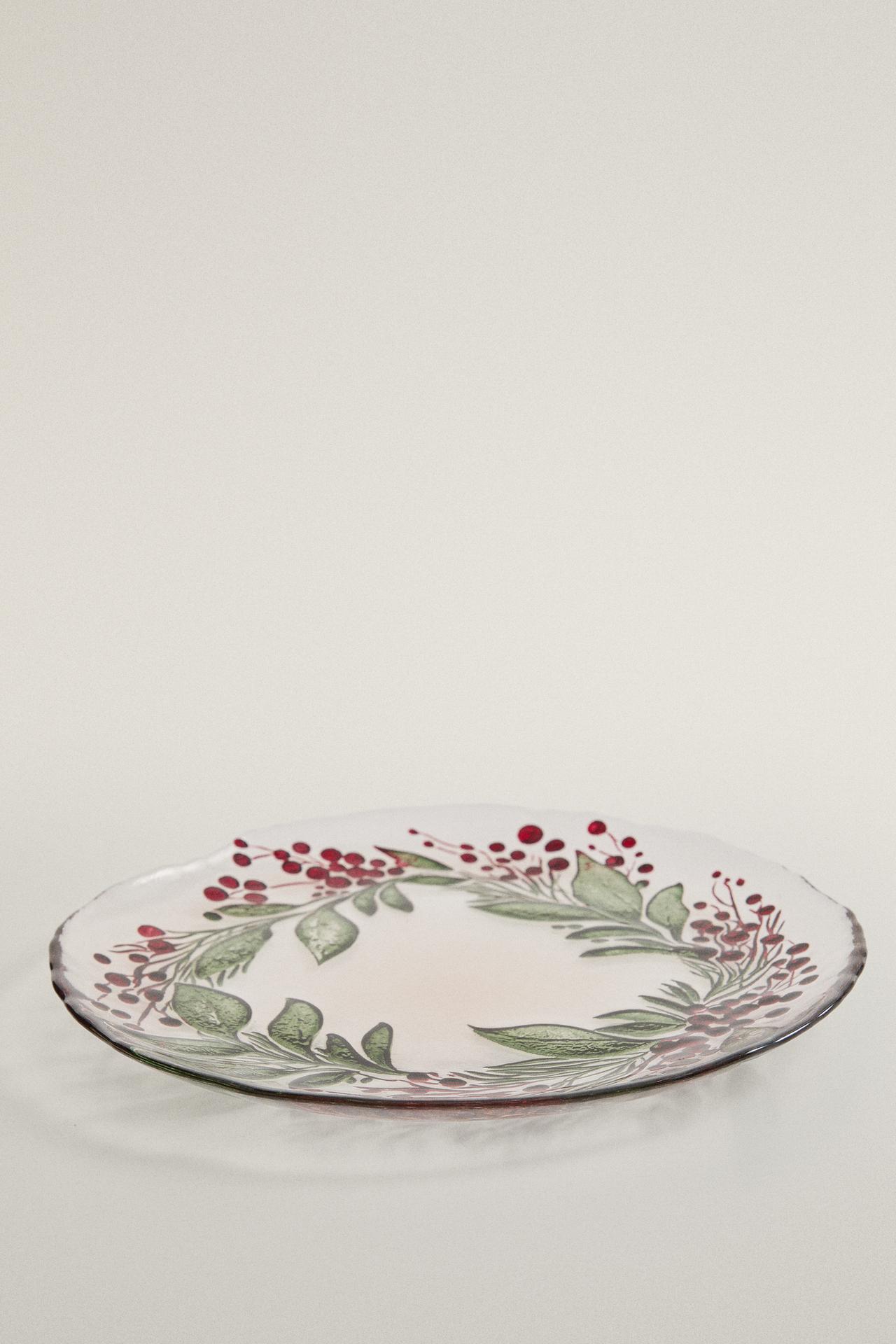 CHRISTMAS GARLAND GLASS DESSERT PLATE — Green