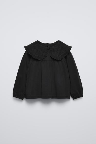 CAMISETA COM GOLA BORDADA - Preto da Zara