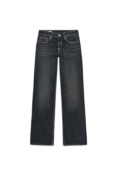 Front view of dark jeans with five pockets, button and zip fastening, visible stitching and a straight cut.