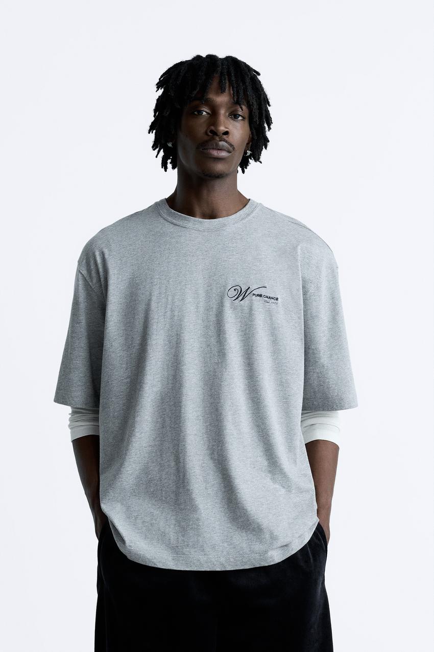 EMBROIDERED TEXT T-SHIRT - Gray marl
