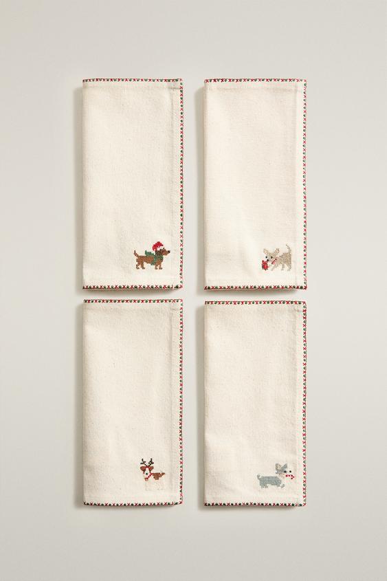 Zara SET OF CHRISTMAS ANIMAL COCKTAIL NAPKINS (SET OF 4) - Ecru - Image 0