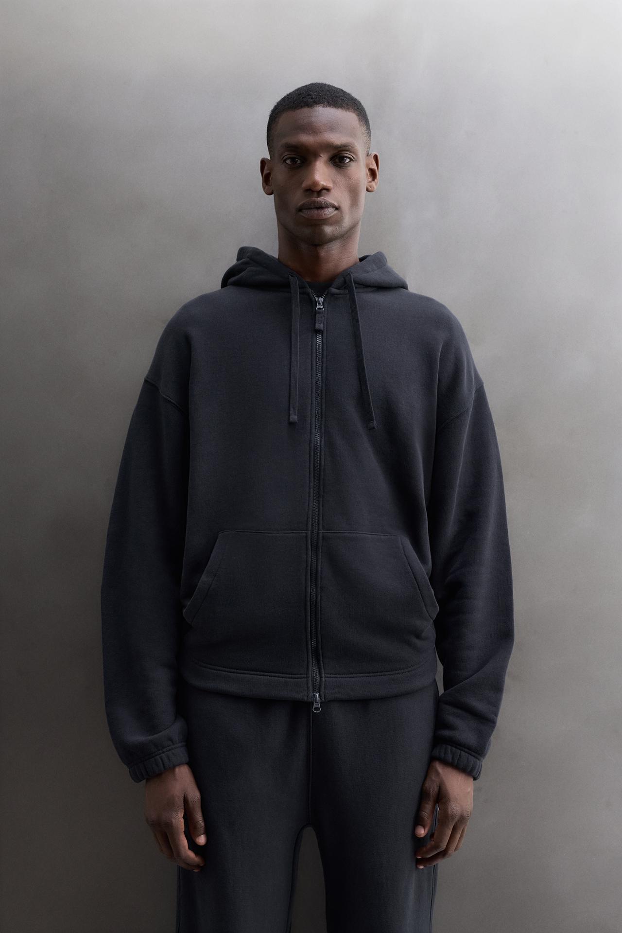 COTTON ZIP-UP HOODIE — Navy blue