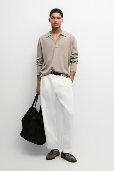 Zara Cotton blend knit zip polo sweater - Beige / Green