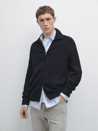Zara Cotton cable-knit cardigan with zip - Navy blue