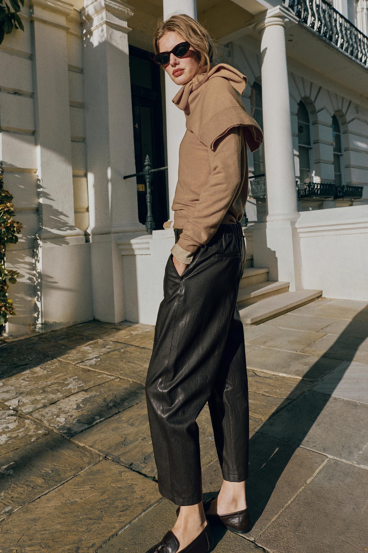 Женские брюки Zara Faux Leather Seam, цвет: Коричневый — фото 4