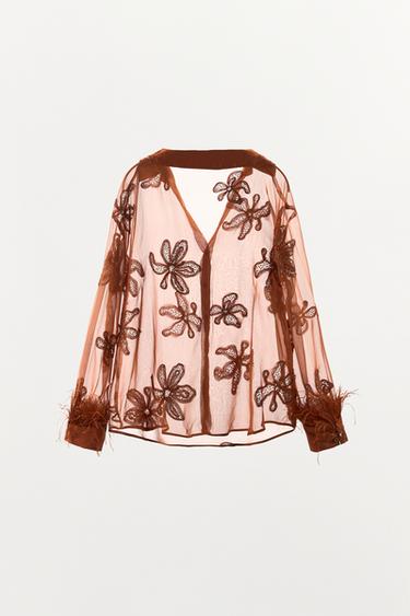 SEMI-SHEER SEQUINNED FEATHER SHIRT - Russet by Zara - Image 8