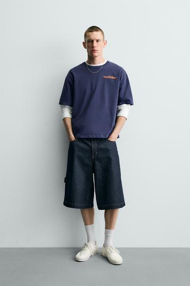 T-SHIRT MET TEKSTPRINT EN CONTRAST - Marineblauw van Zara