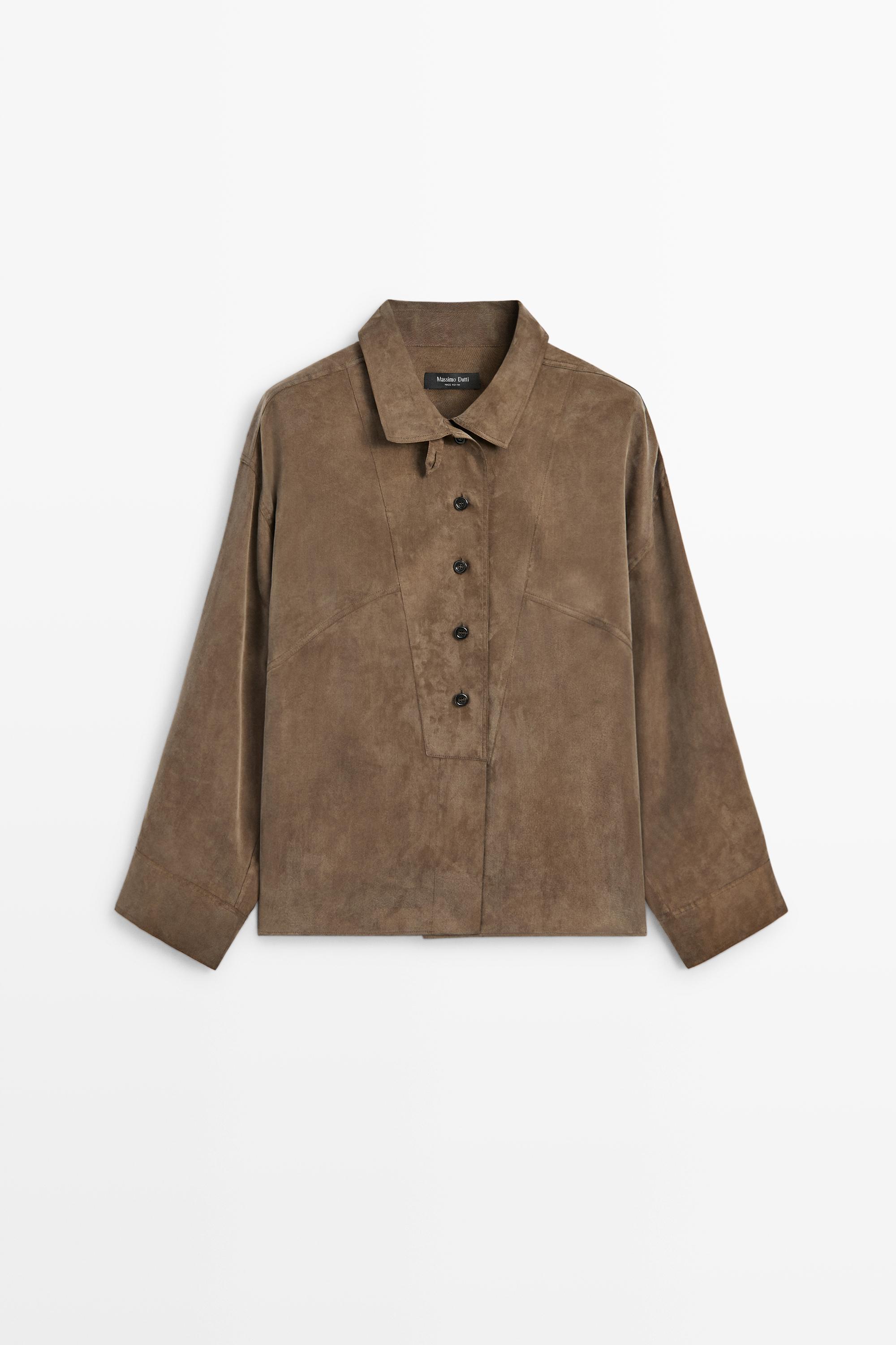 Flowing shirt with stand collar and bib detail