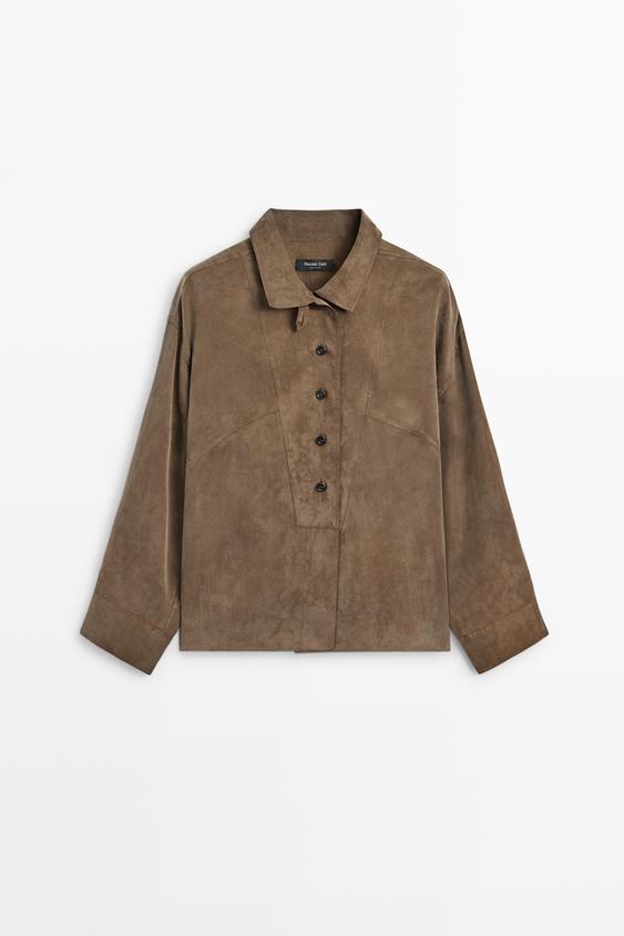 Zara Flowing shirt with stand collar and bib detail - Black gold - Image 0