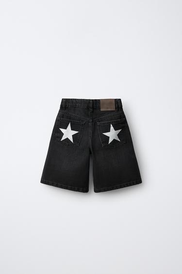 STAR PRINT DENIM SHORTS — Black 2