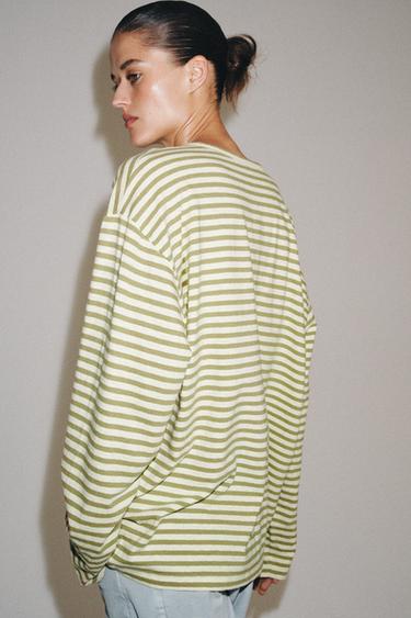Zara COTTON AND LINEN STRIPED T-SHIRT - Beige / Taupe brown