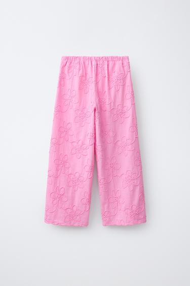EMBROIDERED FLORAL WIDE-LEG TROUSERS - Mid-pink by Zara - Image 1