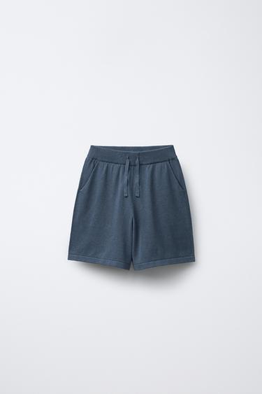 Zara LINEN AND COTTON KNIT BERMUDA SHORTS - Blue / Green