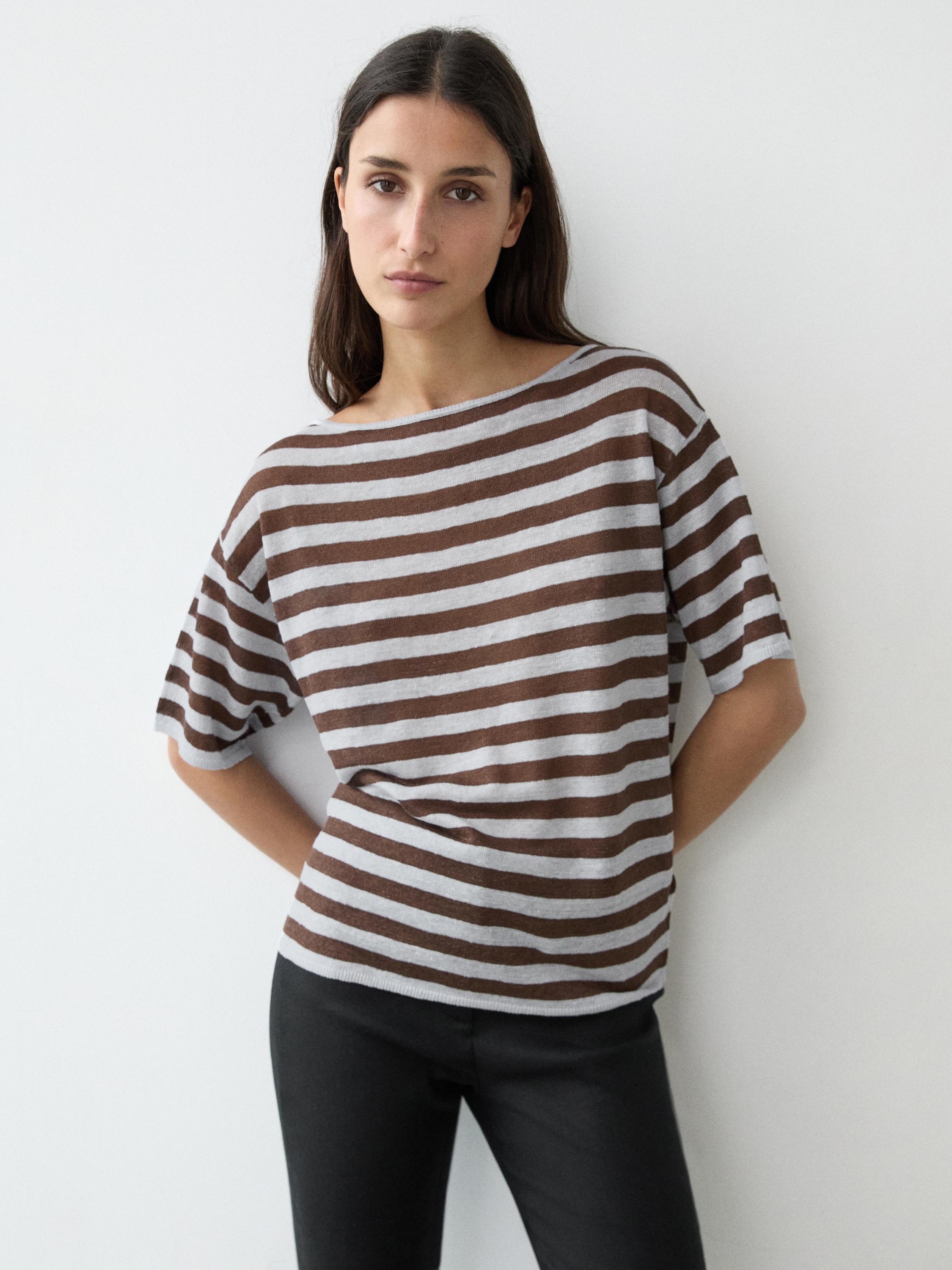 Striped linen boat neck T-shirt
