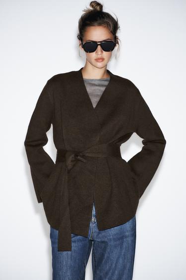 Zara BELTED KNIT CARDIGAN - Brown