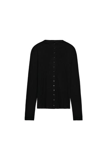 HIGH NECK BUTTON T-SHIRT - Black by Zara