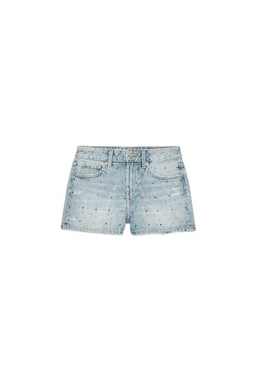 SHORT DENIM TRF TAILLE MI-HAUTE À BRILLANTS - Bleu clair de Zara