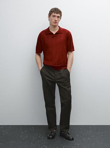 Zara Linen polo collar knit sweater - Khaki - Image 0