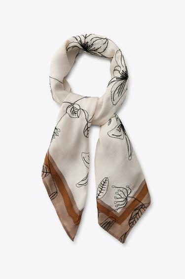 Zara EMBROIDERED FLORAL SCARF - Ecru