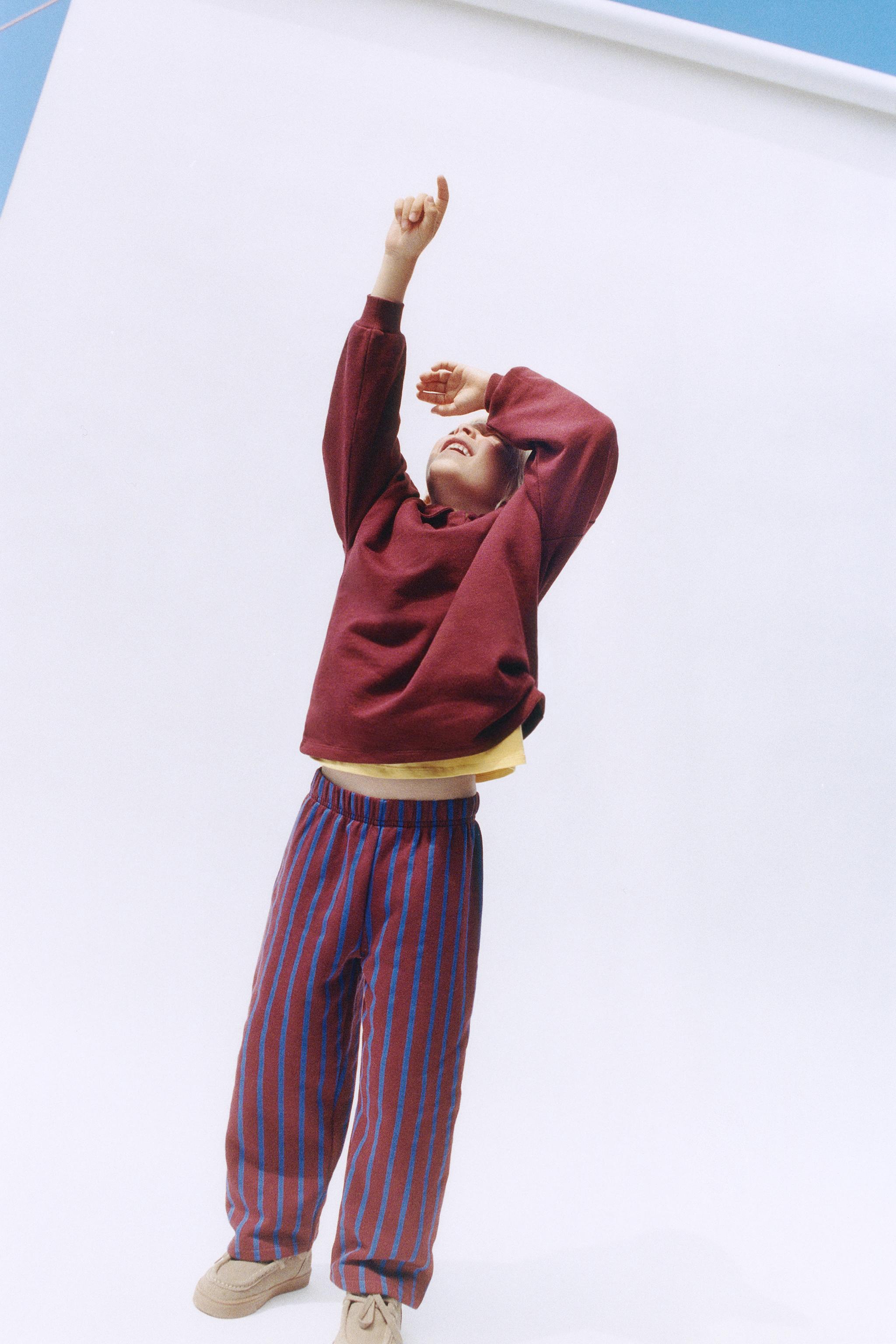 Striped Polo Sweatshirt and Wide-Leg Pants Set — Burgundy