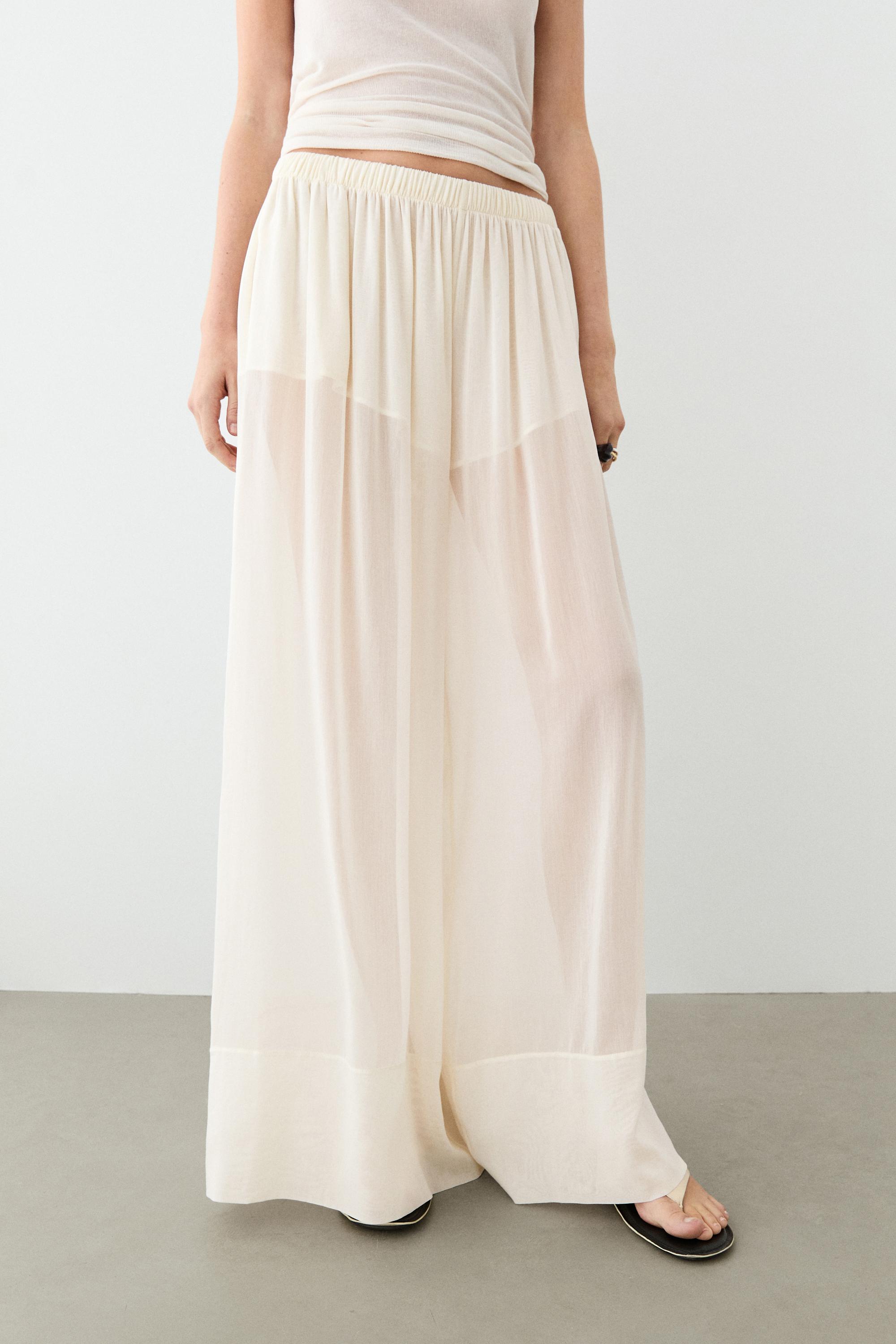 Semi-sheer flowing wide-leg pants — Oyster-white