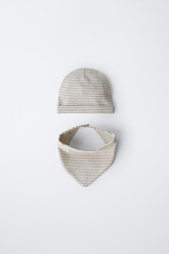 STRIPED HAT AND BIB SET - Ecru / Black by Zara - Image 0