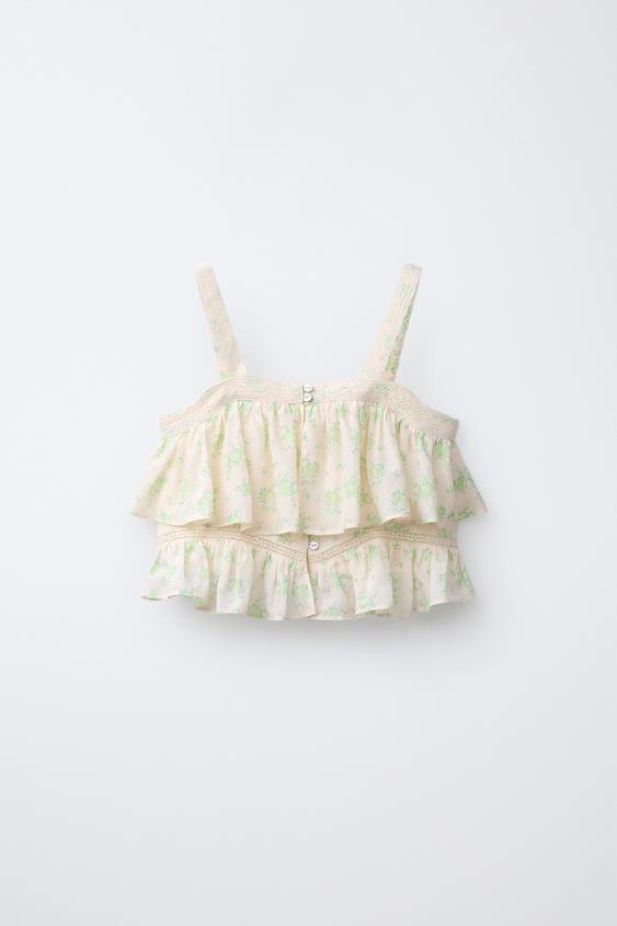 TOP DOBLE VOLANTE FLORES - Verde / Crudo de Zara - Imagen 0