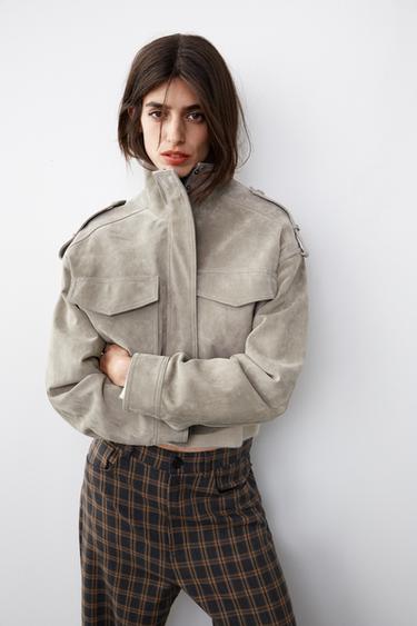 100% LEATHER CROPPED JACKET WITH TAB DETAILS - Light grey by Zara