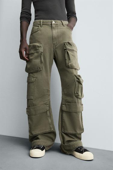 PANTALON CARGO EN DENIM À POCHES - Vert de Zara - Image 4