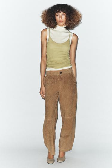 Zara 100% SUEDE LEATHER PANTS - taupe brown - Image 0